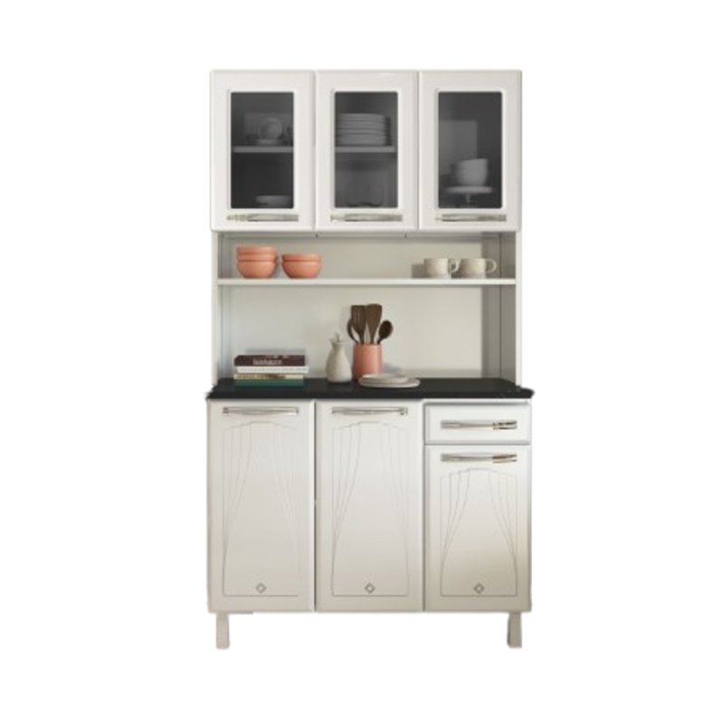 Armário de Cozinha de Aço Telasul Cristal Kit Triplo com 3 Gavetas, Portas com Vidro Temperado Fumê e Pintura Anticorrosiva – Branco com Puxadores Ônix
