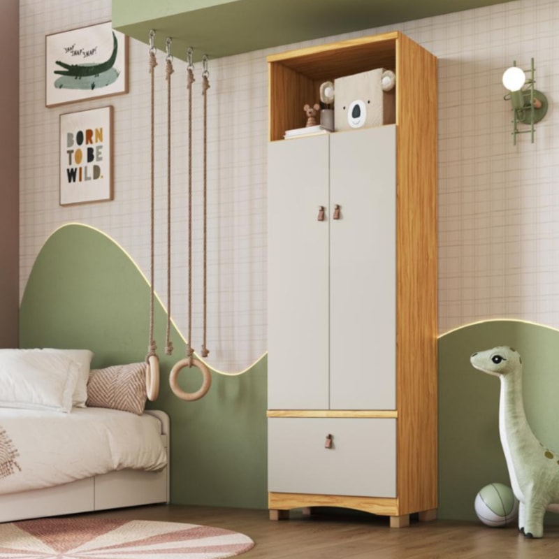 Armário Infantil Peroba Lilo Multifuncional 2 Portas 1 Gaveta Amêndoa e Off White 9375.100