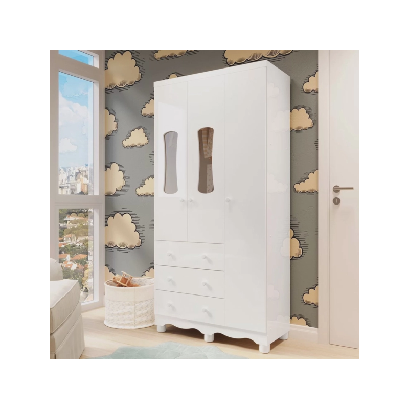 Armario Peroba Luna New 3 Portas 3 Gavetas Branco Brilho