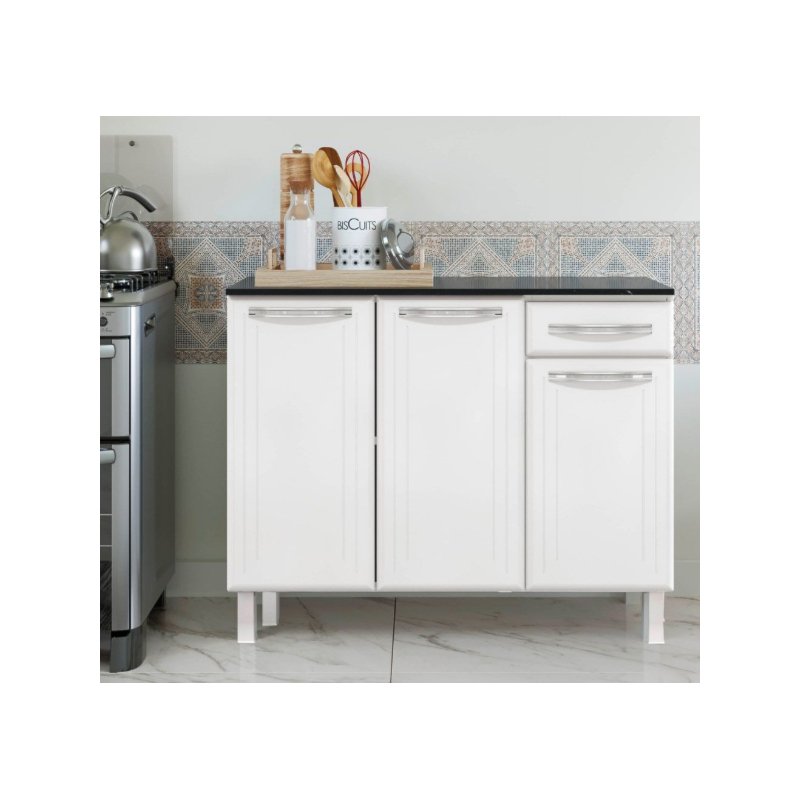 Balcao Tripo Telasul Esmeralda 3 Porta 1 Gaveta com Tampo 15MM Smart Branco