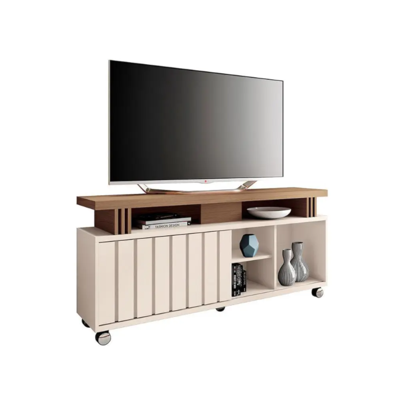 Bancada Briz 1.36 HB Moveis 1 Porta de Correr para Tv de ate 50" Off White/Castanho