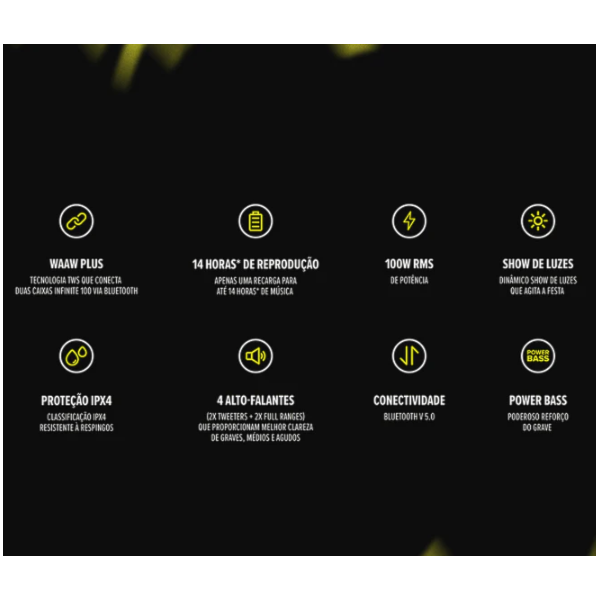 Caixa de Som Bluetooth Waaw Sound Box Infinite 100 100W RMS com LED, TWS, Power Bass e IPX4 Preto/Verde-523add4f-699d-46f0-8810-1e05d611bfc0
