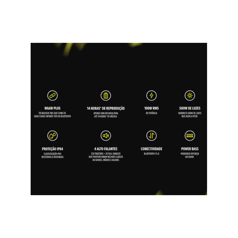 Caixa de Som Bluetooth Waaw Sound Box Infinite 100 100W RMS com LED, TWS, Power Bass e IPX4 Preto/Verde-9fe16876-b0e7-4377-bc77-4949bc22e910
