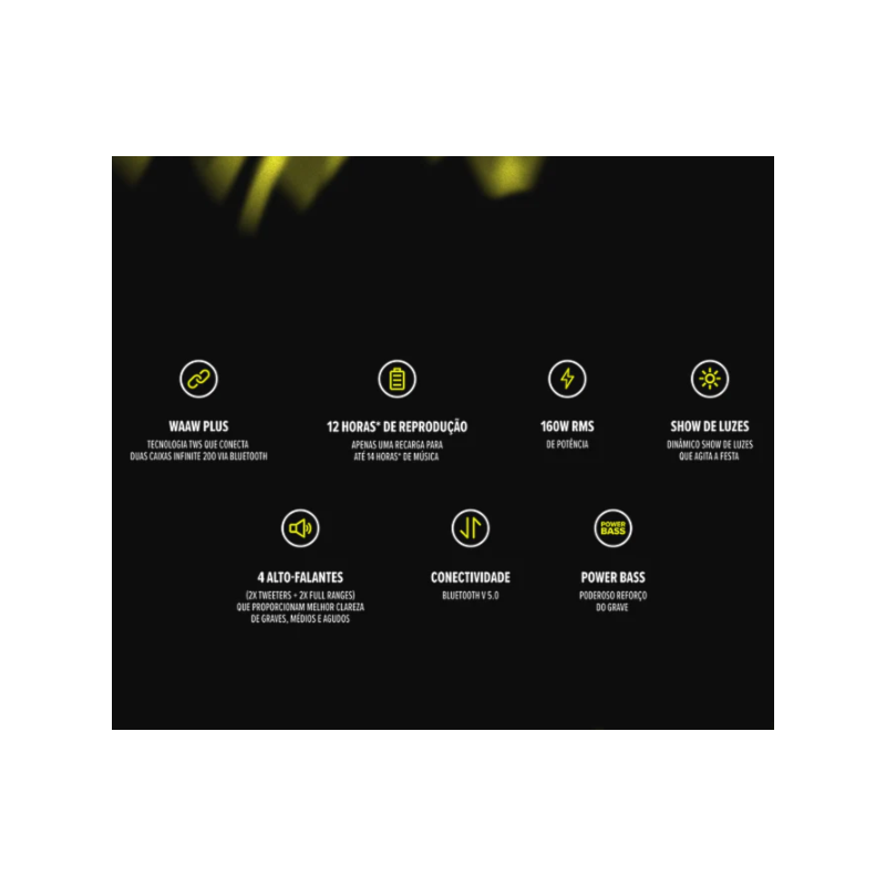 Caixa de Som Bluetooth Waaw Sound Box Infinite 200 160W RMS, LED, TWS, Power Bass, Entradas P10, USB e Bateria de 12h Preto/Verde-6633dece-042b-4cc5-b2fd-7ecf4c071923