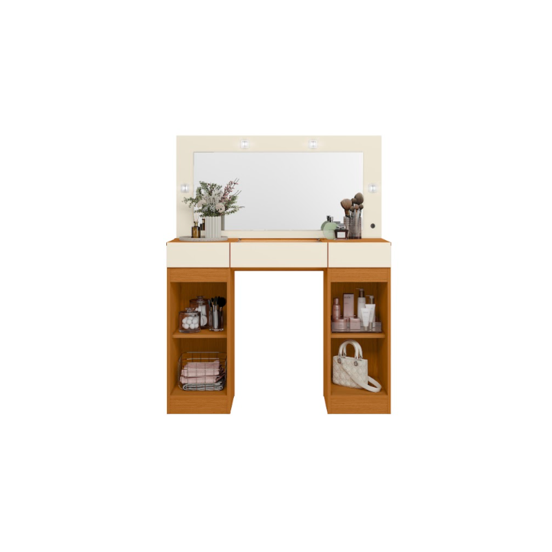 Camarim Studio Albatroz 2 Portas 3 Gavetas com 4 Luminarias de Led e Espelho Incluso de 0,86X0,38M Cinamomo/Off White