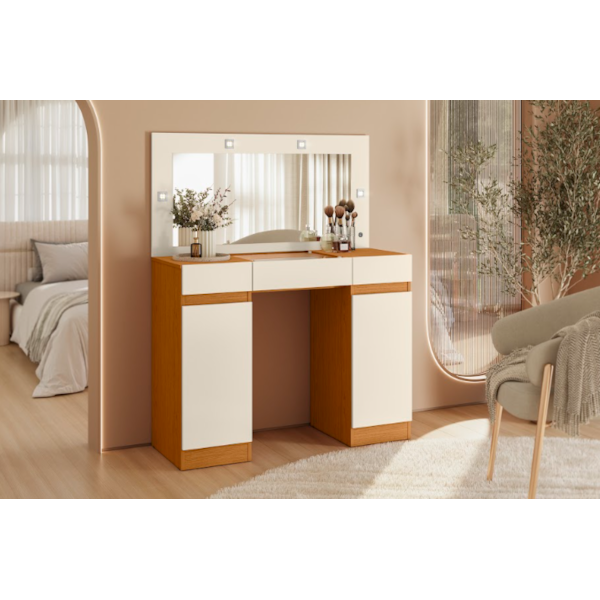Camarim Studio Albatroz 2 Portas 3 Gavetas com 4 Luminarias de Led e Espelho Incluso de 0,86X0,38M Cinamomo/Off White-d50ca338-2866-4fd9-bc7e-cbf7a0e92e3b