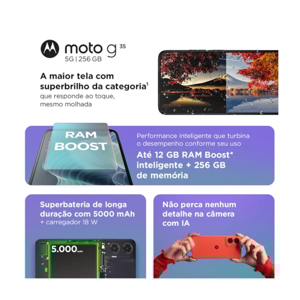 Celular Smartphone Motorola Moto G35 5G, 256GB, 12GB RAM (4GB + 8GB Boost), Câmera 50MP, Tela 6.7