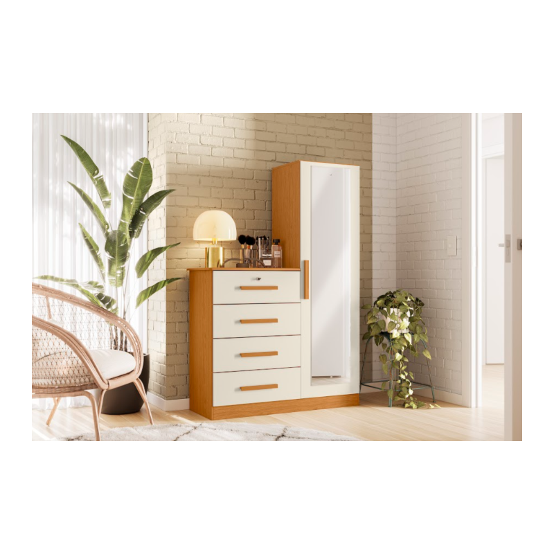 Cômoda Albatroz Belize Plus 1 Porta 4 Gavetas com Espelho 1,42m Cinamomo/Off White – Interno Branco