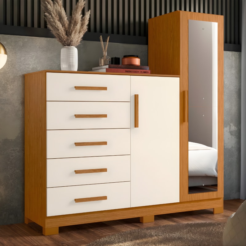 Comoda Albatroz New Master 2 Portas 5 Gavetas com Espelho Incluso 0,70X0,30M Cinamomo/Off White-8bcda499-106c-465d-9e42-1960f4090284