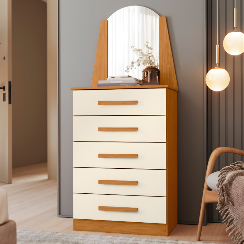 Cômoda Albatroz New Veneza 5 Gavetas com Espelho Cinamomo/Off White &ndash; Compacta e Funcional-1bc238bc-d232-424a-8a0d-ae5fb2b5678a