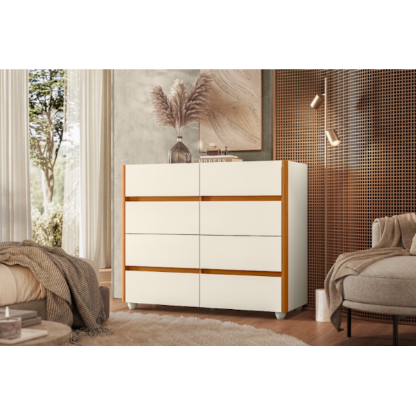 Comoda Aparador Albatroz Infinite 8 Gavetas com Tampo de Vidro Off White/Cinamomo-74b411e2-9a09-4719-ae79-9ad3a11808f2