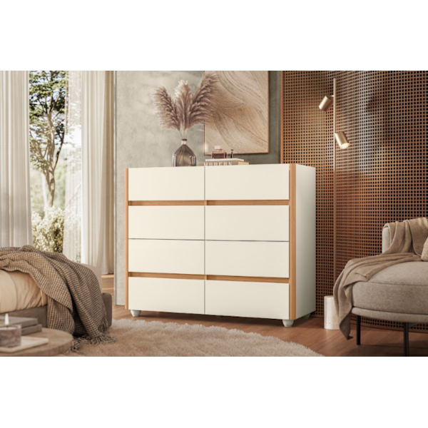 Comoda Aparador Albatroz Infinite 8 Gavetas com Tampo de Vidro Off White/Freijo-5a42a55e-ad81-4ead-bf4f-83c44e36f38c
