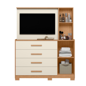 Comoda Ilhabela Albatroz 2 Portas 4 Gavetas com Painel de TV ate 43" e Espelho Incluso de 0,66X0,24M Freijo/Off White