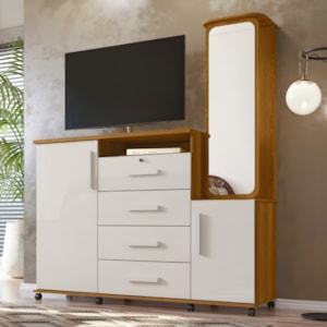 Comoda Lukaliam Copacabana 2022 4 Gavetas 2 Portas com Espelho Freijo/Off White