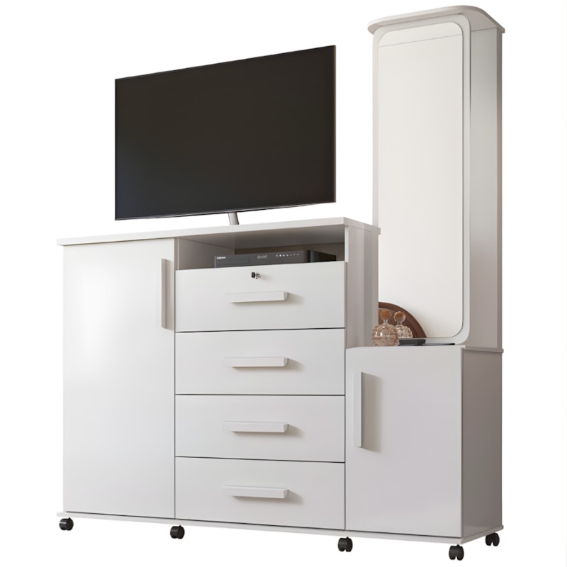 Cômoda Lukaliam Copacabana 2022 com 4 Gavetas, 2 Portas e Espelho – Branco Brilho-41857cd2-37d6-46f3-872d-706226436c5e