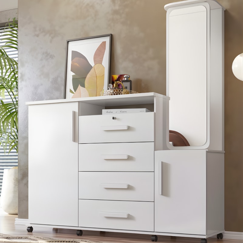 Cômoda Lukaliam Copacabana 2022 com 4 Gavetas, 2 Portas e Espelho – Branco Brilho-766aaafe-a88b-4d48-8ee2-24147ef586e3