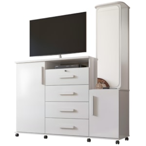 Cômoda Lukaliam Copacabana 2022 com 4 Gavetas, 2 Portas e Espelho &ndash; Branco Brilho