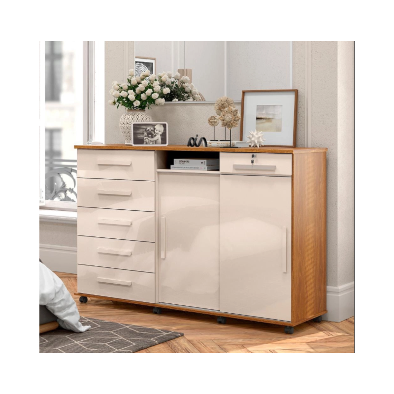 Comoda Lukaliam Max 2020 6 Gavetas E 2 Portas de Correr Freijo/Off White