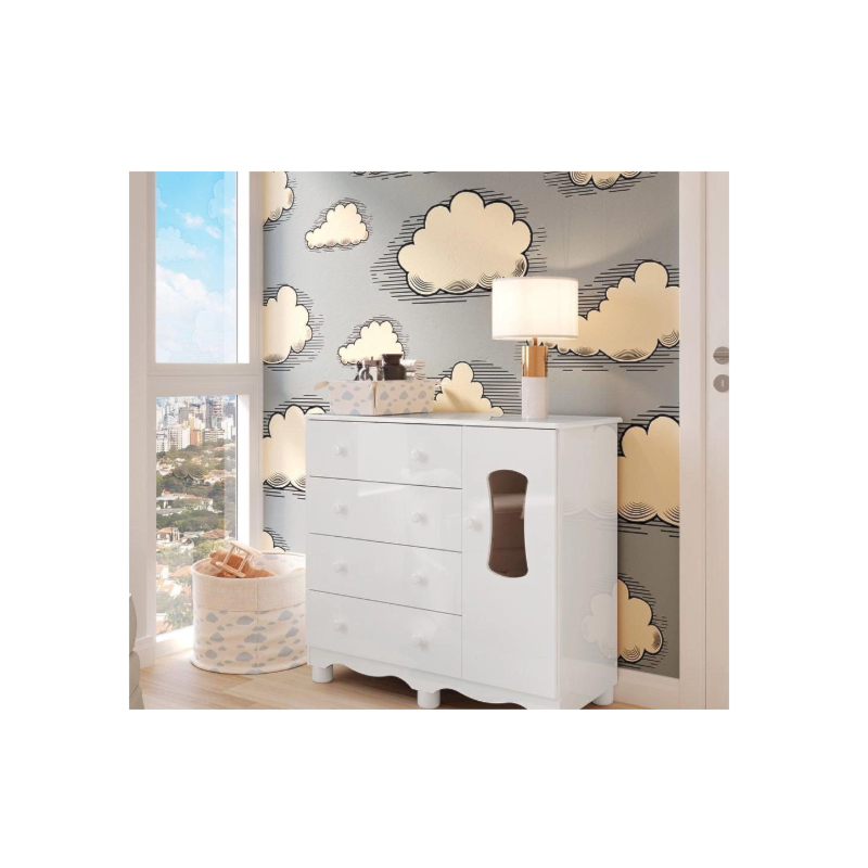 Comoda Luna New 1 Porta 4 Gavetas Branco Brilho
