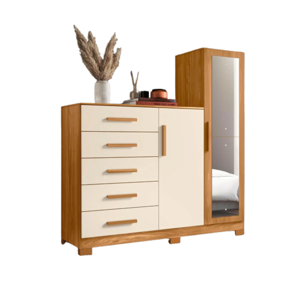 Comoda New Master Albatroz 2 Portas 5 Gavetas com Espelho Carvalho Grife/Off White Interno Branco-33f4098e-85fa-4d6e-a1fa-1681da340ce9