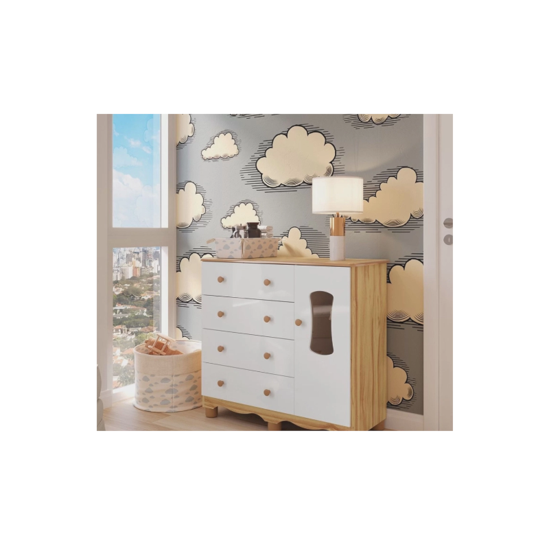 Comoda Peroba Luna New 1 Porta 4 Gavetas Branco Brilho/Amendoa
