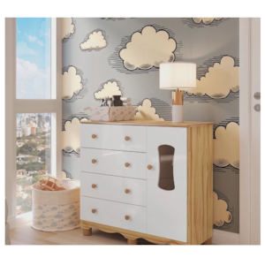 Comoda Peroba Luna New 1 Porta 4 Gavetas Branco Brilho/Amendoa