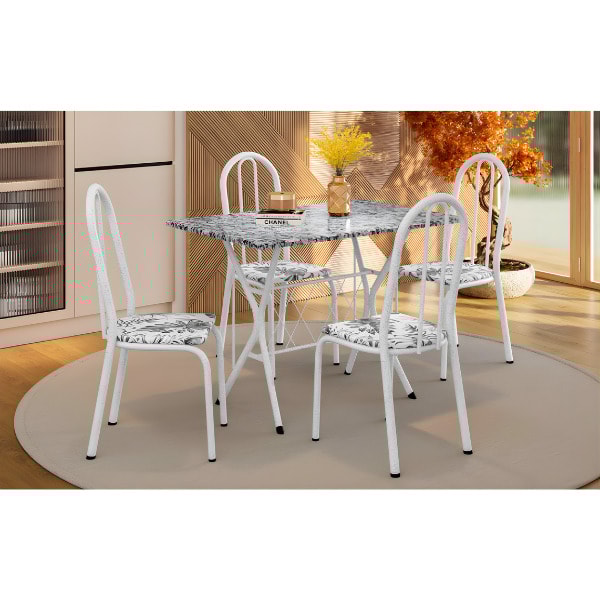 Conjunto Sala de Jantar Artefamol Bruna com Mesa 1,10x0,70 Tampo de Granito e 4 Cadeiras Cromadas – Branco com Assento Floral Cinza-e0efc8d7-8e8e-4450-b71b-236ab891c6b9