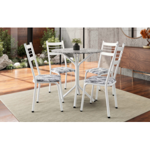 Conjunto Sala de Jantar Artefamol Dalia Mesa 0,80 com Tampo de Granito e 4 Cadeiras Brancas Cromadas – Assento Floral Cinza