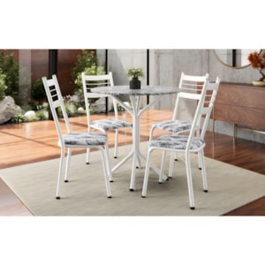 Conjunto Sala de Jantar Artefamol Dalia Mesa 0,80 com Tampo de Granito e 4 Cadeiras Brancas Cromadas – Assento Floral Cinza