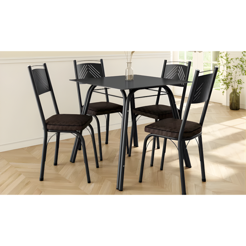 Conjunto Sala de Jantar Artefamol Lotus Mesa 0,75x0,75 com Tampo de Vidro Preto e 4 Cadeiras Semi Fosco Preto com Assento Madeira Imbuia-18cc5f65-cea3-4e4e-af63-2b0171767a65