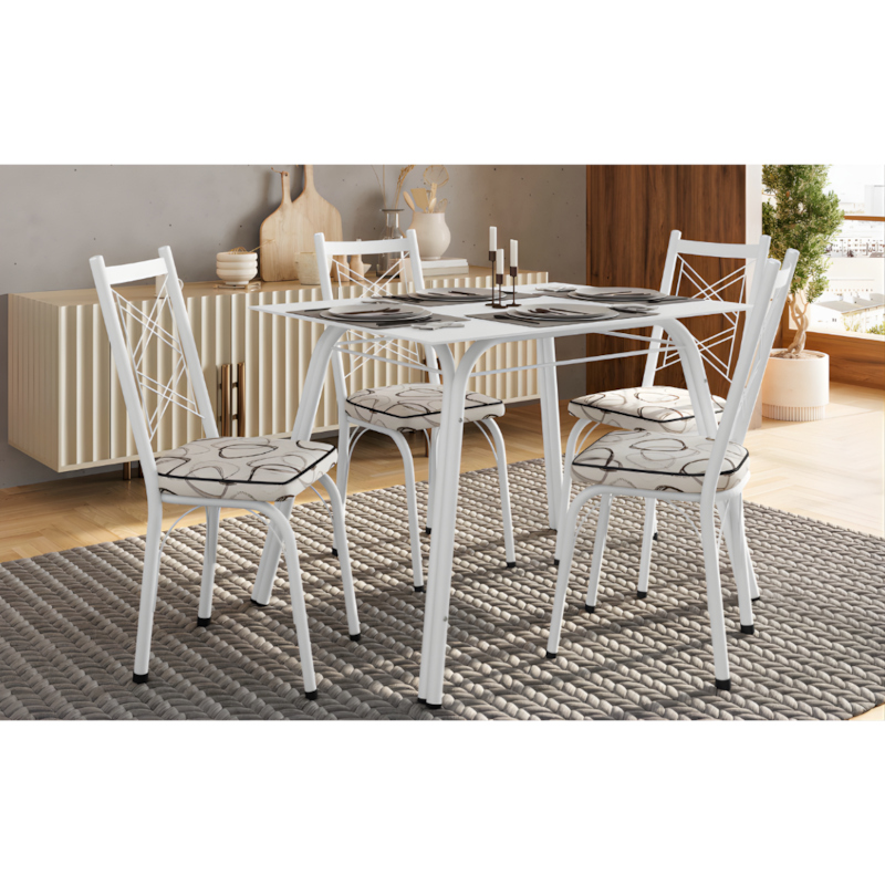 Conjunto Sala de Jantar Artefamol Lotus Mesa 1,07x0,73 com Tampo de Vidro Branco e 4 Cadeiras Branco com Assento em Madeira Cedro