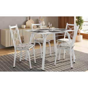 Conjunto Sala de Jantar Artefamol Lotus Mesa 1,07x0,73 com Tampo de Vidro Branco e 4 Cadeiras Branco com Assento em Madeira Cedro