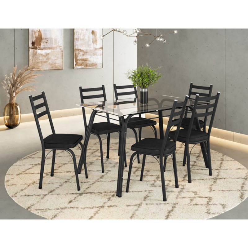 Conjunto Sala de Jantar Artefamol Lotus Mesa 1,40x0,80 com Tampo de Vidro Incolor e 6 Cadeiras Semi Fosco Preto com Assento Preto