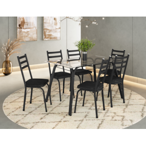 Conjunto Sala de Jantar Artefamol Lotus Mesa 1,40x0,80 com Tampo de Vidro Incolor e 6 Cadeiras Semi Fosco Preto com Assento Preto