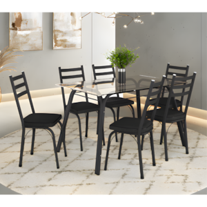 Conjunto Sala de Jantar Artefamol Lotus Mesa 1,40x0,80 com Tampo de Vidro Incolor e 6 Cadeiras Semi Fosco Preto com Assento Preto