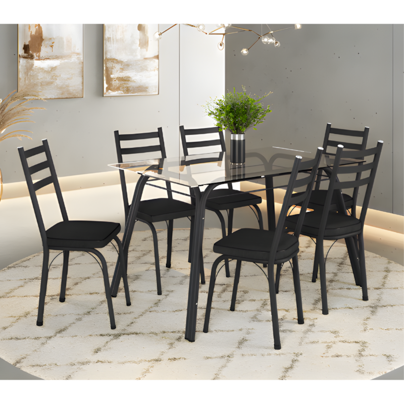 Conjunto Sala de Jantar Artefamol Lotus Mesa 1,40x0,80 com Tampo de Vidro Incolor e 6 Cadeiras Semi Fosco Preto com Assento Preto-c9f151d6-757d-432f-b045-1637460efbf4