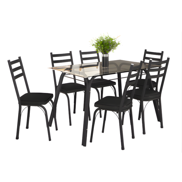 Conjunto Sala de Jantar Artefamol Lotus Mesa 1,40x0,80 com Tampo de Vidro Incolor e 6 Cadeiras Semi Fosco Preto com Assento Preto-e34ee39d-fb7d-4d66-8e6f-b1c6ae90ade8