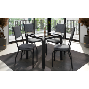 Conjunto Sala de Jantar Artefamol Malva Mesa 0,75x0,75 com Tampo de Vidro Incolor e 4 Cadeiras Semi Fosco Preto com Assento e Encosto Platina