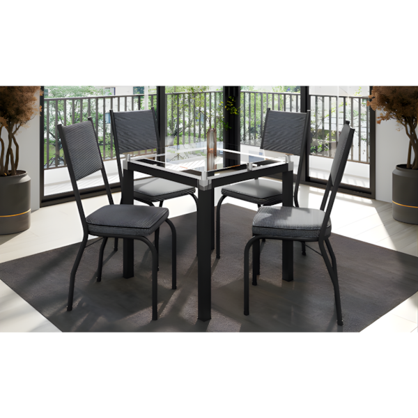 Conjunto Sala de Jantar Artefamol Malva Mesa 0,75x0,75 com Tampo de Vidro Incolor e 4 Cadeiras Semi Fosco Preto com Assento e Encosto Platina-983e7d50-7a6b-4b08-a456-2f966aa2869f