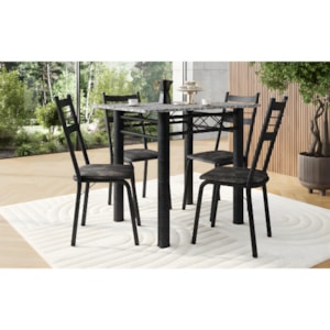 Conjunto Sala de Jantar Artefamol Palma Mesa 1,00x0,60 com Tampo de Granito e 4 Cadeiras Cromadas – Preto com Assento Floral Dourado