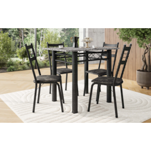 Conjunto Sala de Jantar Artefamol Palma Mesa 1,00x0,60 com Tampo de Granito e 4 Cadeiras Cromadas – Preto com Assento Floral Dourado