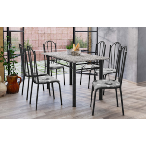 Conjunto Sala de Jantar Artefamol Sara Mesa 1,40x0,75 com Tampo de Granito e 6 Cadeiras Cromadas – Preto com Assento Iguatemi Branco