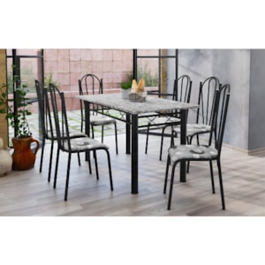 Conjunto Sala de Jantar Artefamol Sara Mesa 1,40x0,75 com Tampo de Granito e 6 Cadeiras Cromadas – Preto com Assento Iguatemi Branco
