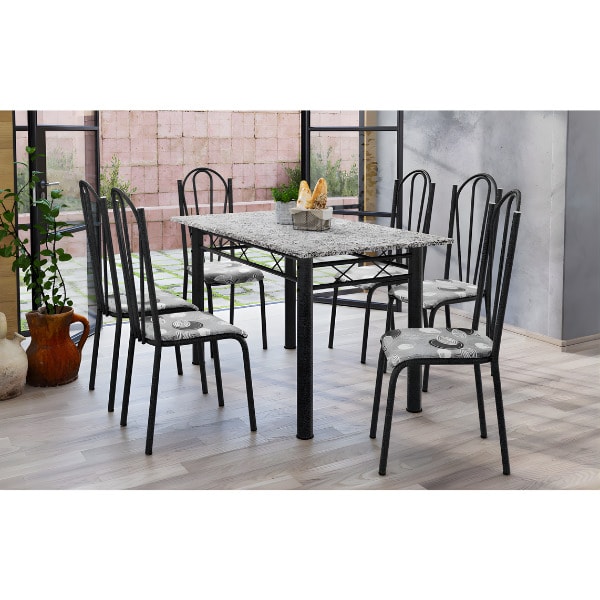 Conjunto Sala de Jantar Artefamol Sara Mesa 1,40x0,75 com Tampo de Granito e 6 Cadeiras Cromadas – Preto com Assento Iguatemi Branco-dbd6b976-f385-4f16-b9a2-306455e2fe78