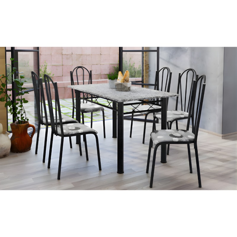 Conjunto Sala de Jantar Artefamol Sara Mesa 1,40x0,75 com Tampo de Granito e 6 Cadeiras Cromadas – Preto com Assento Iguatemi Branco-d3c8047b-27cc-44db-80e5-57dbf95d01cd