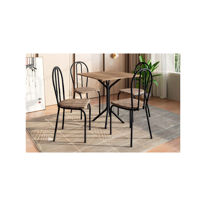 Conjunto Sala De Jantar Artefamol Thais Mesa 0,67x0,67 Com Trampo de Madeira Bp + Cadeiras Cromadas - Preto/Preto Flor