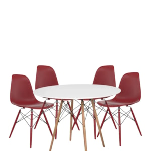 Conjunto Serbin Eames Mesa Tampo Redondo 90CM Branco 4 Cadeiras Injetado PP Vermelho Falu