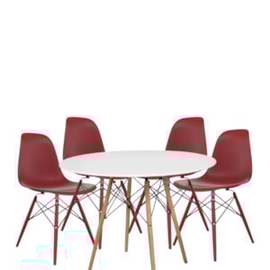 Conjunto Serbin Eames Mesa Tampo Redondo 90CM Branco 4 Cadeiras Injetado PP Vermelho Falu