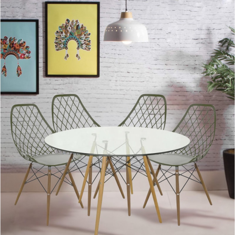 Conjunto Serbin Mesa Eames Redondo 90CM Vidro 4 Cadeiras Kayla PP Verde Militar-34a54574-6f66-4247-bce6-3be32522dde5