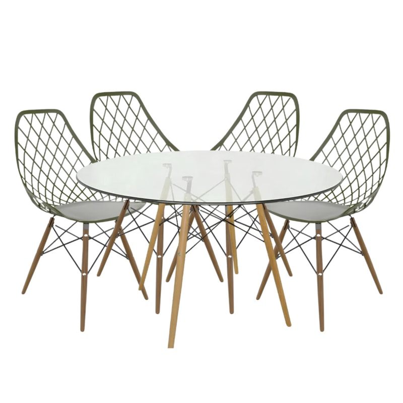 Conjunto Serbin Mesa Eames Redondo 90CM Vidro 4 Cadeiras Kayla PP Verde Militar-d40b692f-08f4-4d68-80bd-776ac35b0dc9